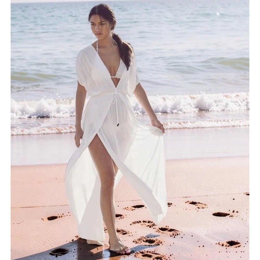 Elan Deep V Cover Up Maxi Dress Large • White Coastal Resortwear Grecian Rayon‎